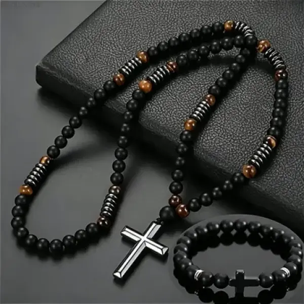 Unisex Bohemian Cross Pendant Necklace Set (2-Piece Set Pack) - Matte Black Finish, Natural Tiger Eye Stone, Intricate Beadwork, Cross Motif, Unisex Wear, Daily Outfit Styling, Bohemian Look, Dark Avant-Garde Gothic Earth Tone Neutral Jewelry Staples