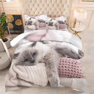 Cute Cat Print Comforter Set, Soft Bedding Sets for Girls & Teens, Includes Filled Blanket & Pillowcase, Cozy Home Decor