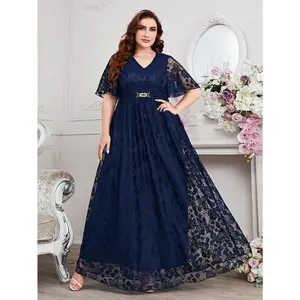 Plus Size Floral Lace Maxi [Solid Color] Swing Maxi Dress with an Elegant Cinched Waist, Flutter Sleeves, and a V-Neck for Parties and Banquets; Women’s Plus Size Clothing — Formal Polyester Women’s Wear, Workwear
