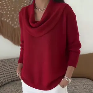 French Elegant Pile Collar Sweater, Vertical Ribbed Slimming Basic Knitted Top, Commuting Versatile Autumn Winter Long Sleeve Sweater