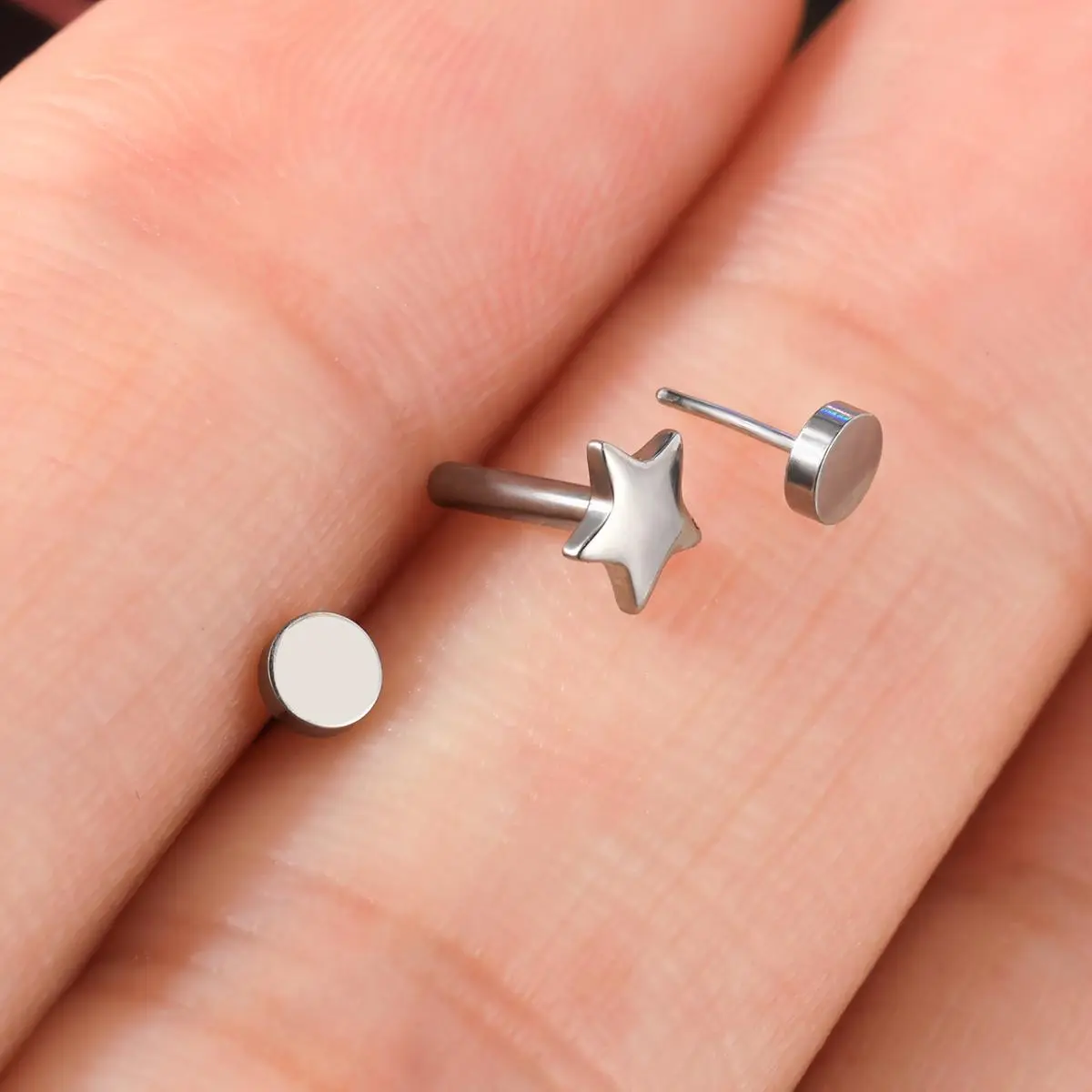 OUFER BODY JEWELRY 16G G23 Titanium Threadless Push Pin Star Heart Flat Back Clean Disc Stud - Female Cartilage, Nose, Lip Earrings for Daily Wear Nose Jewelry, Threadless Earrings, Threadless Jewelry, Star-Themed Earrings