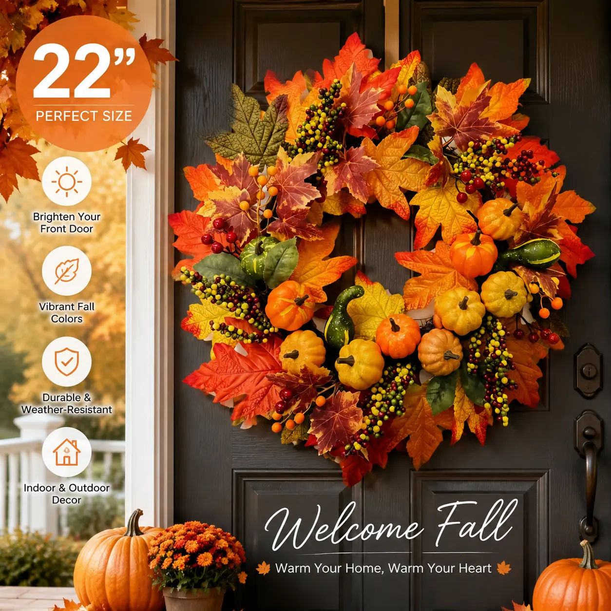 Miganest 22-in Synthetic Fall Front Door Wreath - Multicoloured Artificial Autumn Harvest Maple Leaf Wreath with Pumpkins, Gourds, Berries, Rattan Ornaments, Weather-Resistant for Front Door, Thanksgiving Farmhouse Indoor-Outdoor Decor, Berry