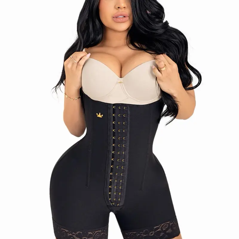 Women's Mid-Thigh Boned Shapewear Garment - LUXI-213, Abdominal Control, Butt-Lifting Design, Elastane Fabric, Lace Accents, Hook and Loop Closure, Pocket Feature, Outfits, Body Contouring