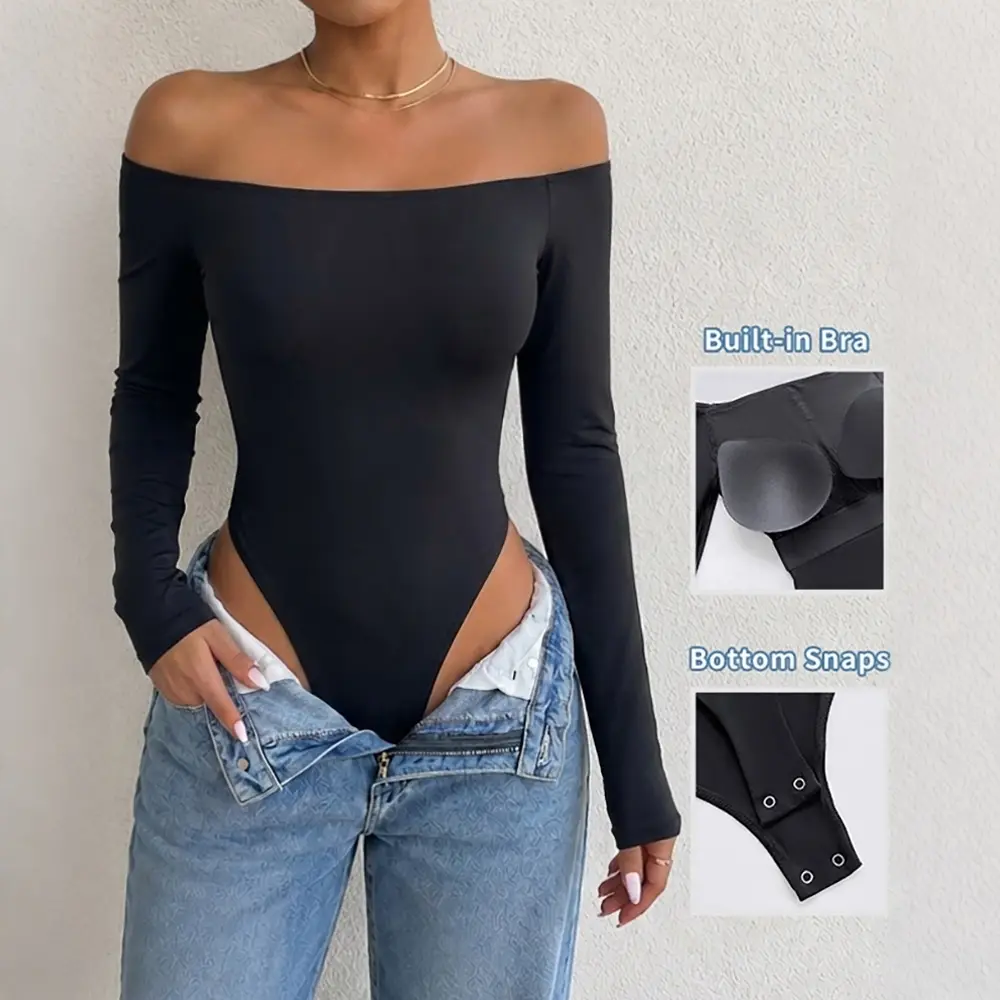 CHICME Women's Off Shoulder Bodysuit Minimalist Long Sleeve Sexy Slim Fit Bodysuit with Built-In Bra