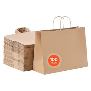 VEVOR Kraft Paper Bags with Handles,  , 100Pcs 16 x 6 x 12 in, Large Paper Grocery Bags, Reusable & Recycled Take-Out Sacks, Plain Party Bag Bulk for Birthday, Wedding, Business, Goody, Brown