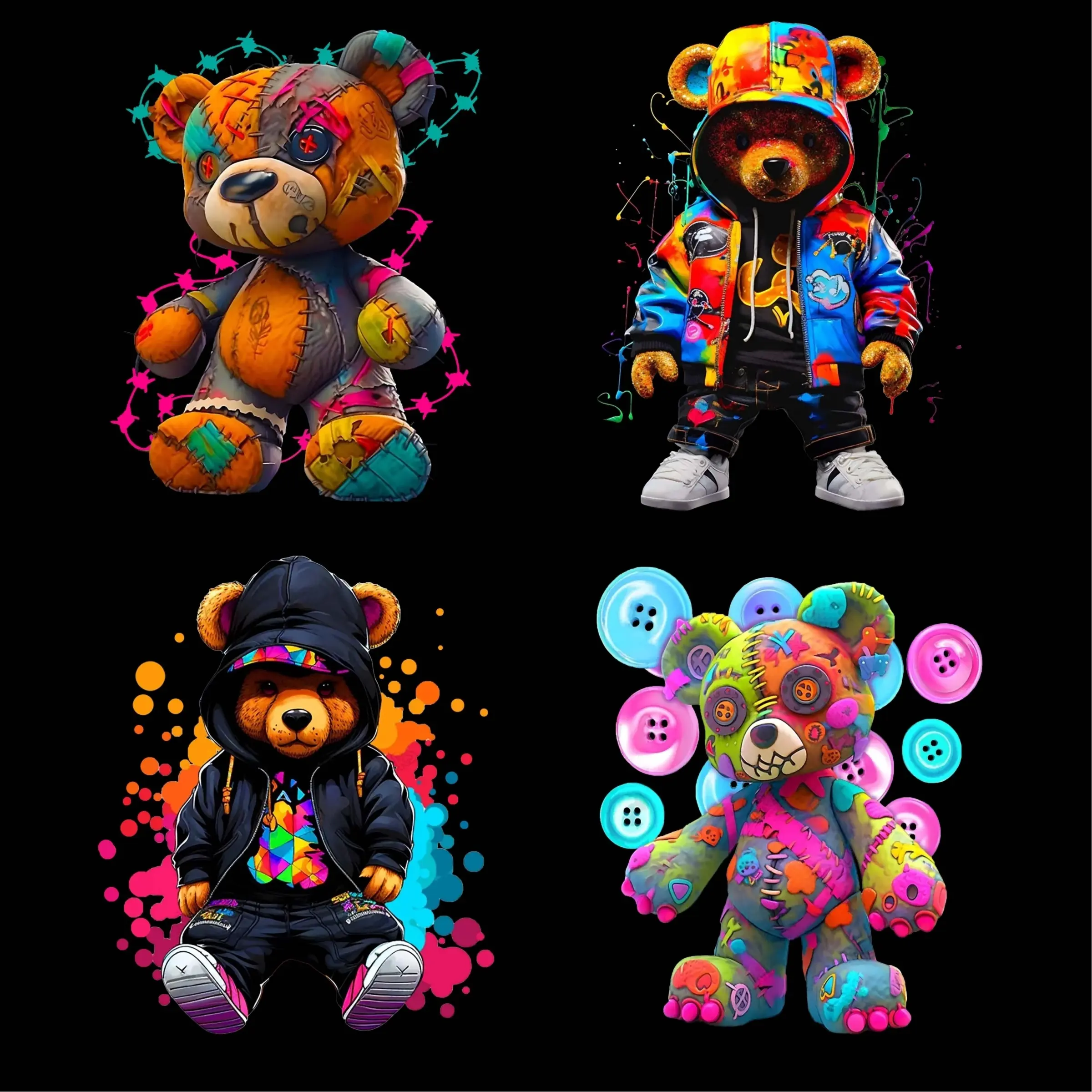 4 Piece DIY Cool Bear Heat Transfer Stickers, Perfect for T-Shirt Making, Pillow Decoration, Clothing Accessories, Crafts, Diy Decorations, Craft Supplies, DIY Products