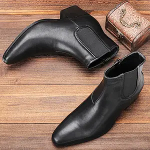 Men's High Heel Solid Colour Zip Up Chelsea Boots Comfy Non Slip Rubber Sole Durable Shoes For Men's Outdoor Activities Pu Leather Closed Toe Footwear