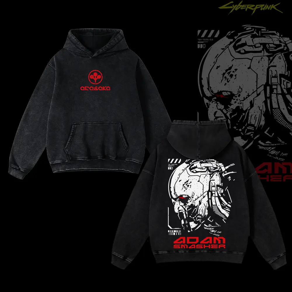 Adam Smasher Cyberpunk Arasaka Night City Vintage Oversized Hoodie, Edgerunners Anime Manga Streetwear, Heavyweight Cyberpunk 2077 Gamer Fan Hoodie