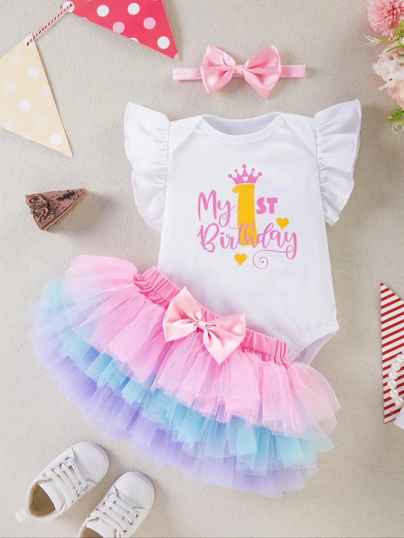 Three-Piece Set Baby Girl's Letter Print Tee & Colorblock Tiered Layer Skirt & Bow Decor Hair Band Set, Cute Butterfly Sleeve Round Neck Top & Tutu Skirt & Hair Band, Infant Toddler Kids Birthday Party Outfits