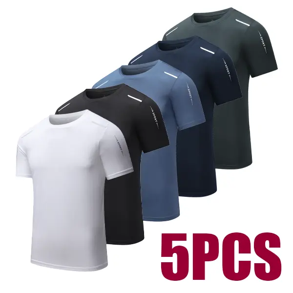 Men's Sports Quick-Dry T-Shirt 5-Pack Ice Silk Stretch Breathable Solid Color Crew Neck Short Sleeve Summer Cooling Tee Athletic Outfit Athletic Activewear, High Stretch Sporty