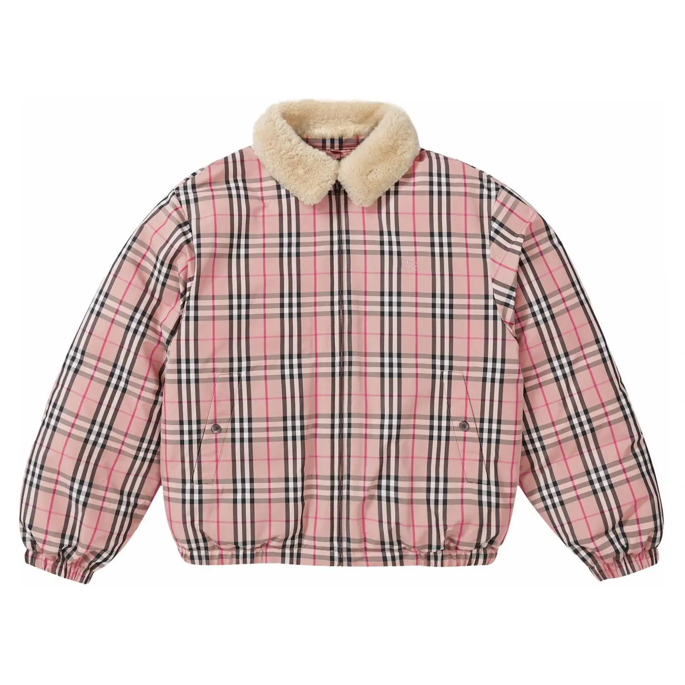 987441 Supreme Burberry Shearling Collar Down Puffer Jacket Pink