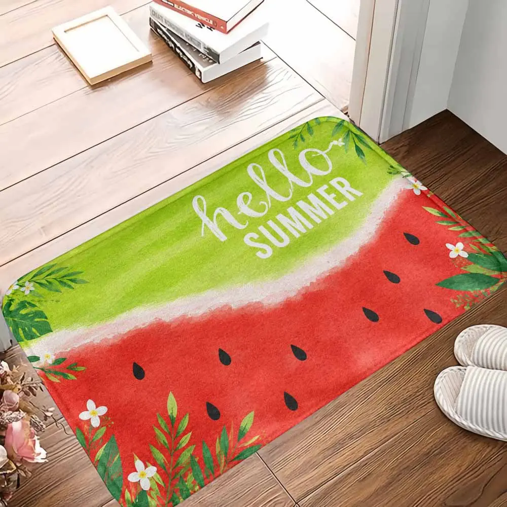 Hello Summer Watermelon Area Rug Tropical Leaf and Floral Pattern Soft Durable Non Slip Washable Decorative Mat Perfect for Living Room Bedroom Entryway Patio Summer Party Beach Picnic Gift Use