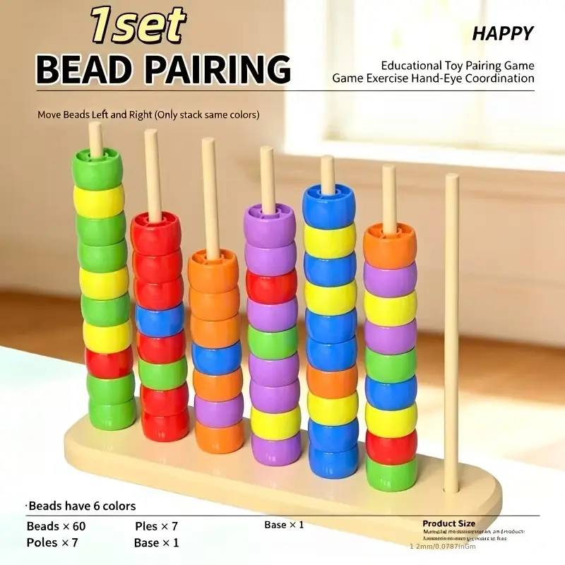 Children Educational Bead Stringing Toy, 60 Colorful Sorting & Stacking Beads with 7 String Poles. It helps kids practice hand-eye coordination and color recognition, an educational logical puzzle toy for preschoolers.
