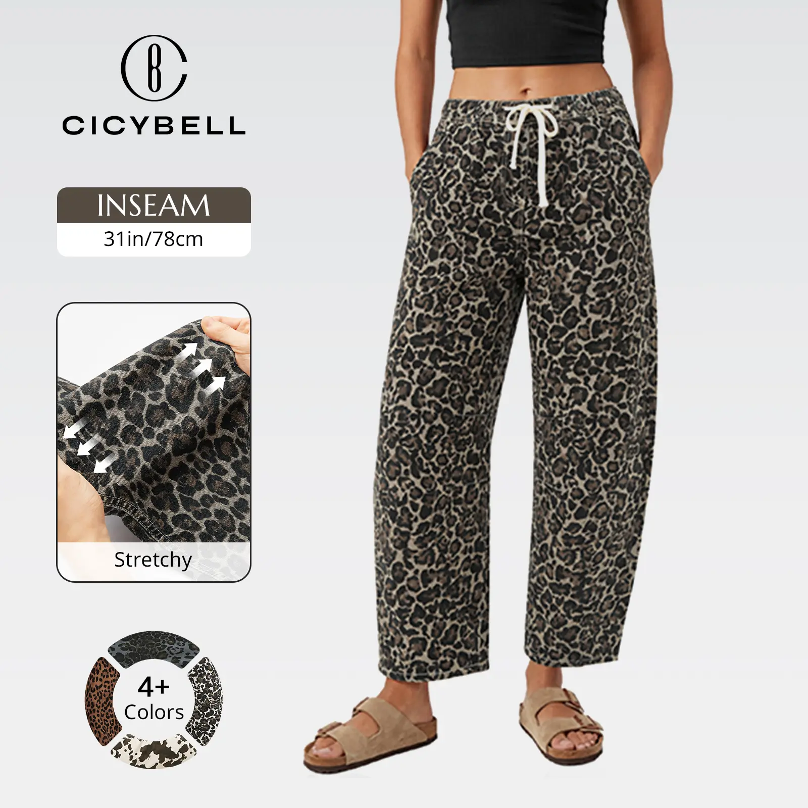 Cicy Bell Womens Leopard Barrel Jeans High Waisted Drawstring Cropped Wide Leg Cheetah Print Denim Pants with Pockets