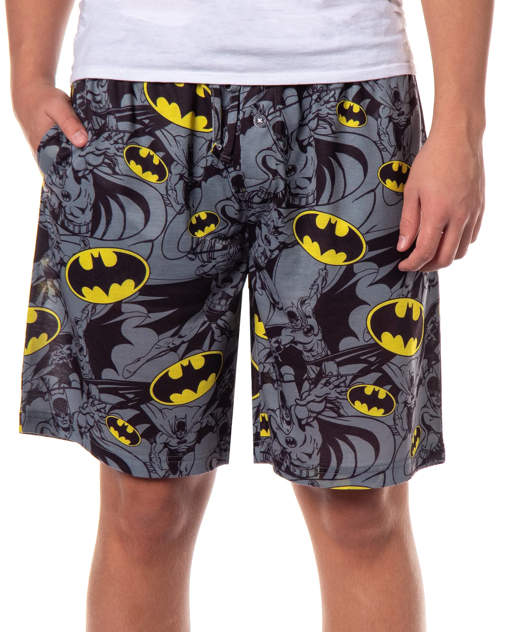 DC Comics Men's Batman Bat Symbol Allover Print Aesthetic Polyester Fabric Menswear Nightwear Lounge Sleep Pajama Shorts, Relaxed Fit, Day, Elastic, Pockets, Breathable, Stretchy