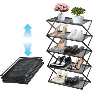 Shoe Rack for Entryway 5 Tier Foldable Shoe Rack Without Assembly Collapsible Metal Shoe Organizer Folding Shoe Storage Rack for Door, Living Room, Black