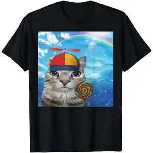 Men's Unisex Crewneck Cute Cat with Propeller Hat and Lollipop Print T-shirt, Black Clothes Menswear Colorful Cartoon Graphic Top, 180GSM Cotton Blend Fabric, Classic Fit Tee, Soft Smooth Short Sleeve Casual Wear