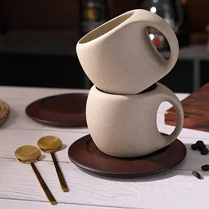 1set ceramic coffee cup saucer Home kitchen dining room Coffee cup saucer set for tea coffee milk fruit juice Suitable for outdoor wedding party gift birthday Saucer Set With Wooden Coaster & Coffee Spoon- Perfect For Serving Hot Beverages