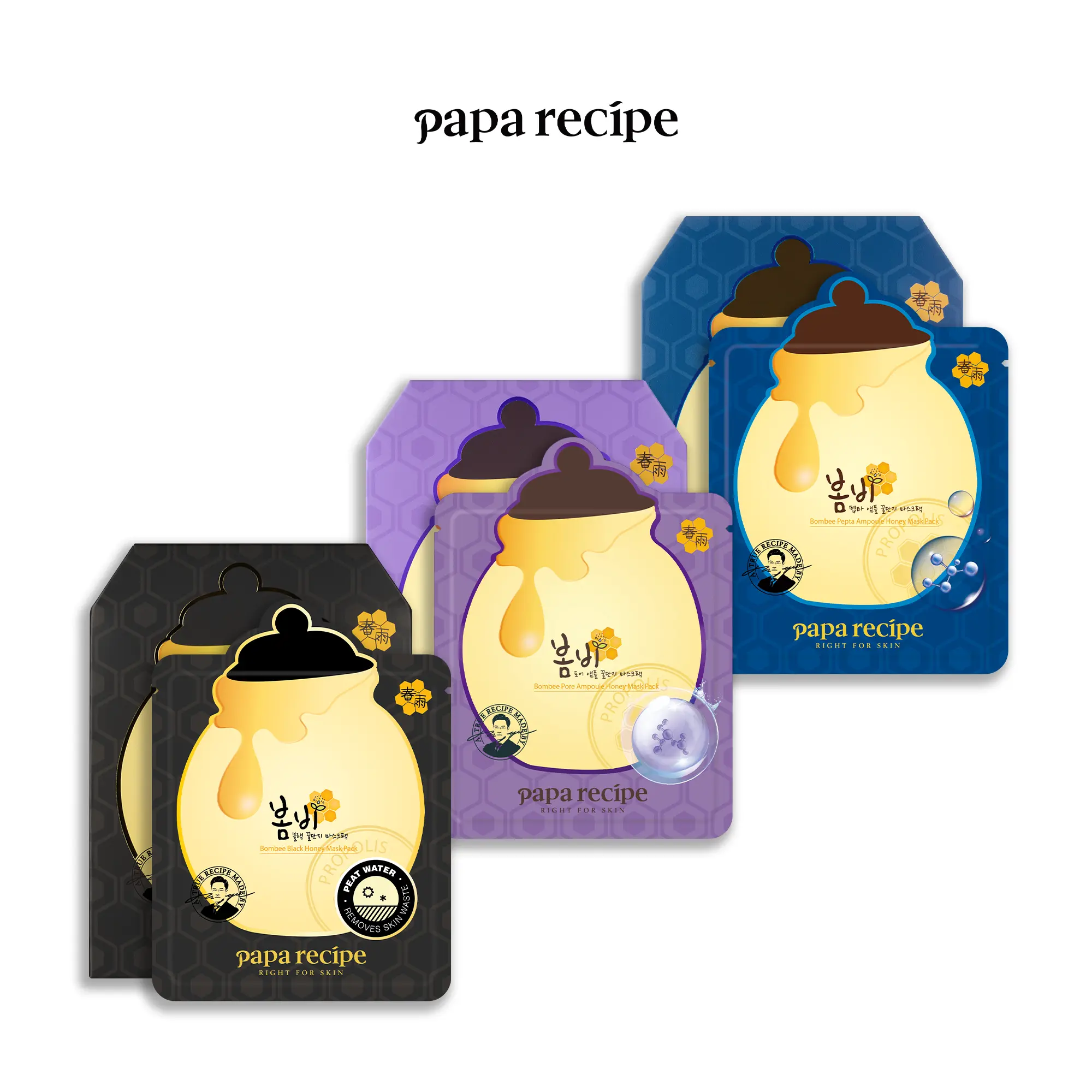 Papa Recipe Bombee Face Mask Trio - Honey, Hyaluronic Acid, Gentle, Moisturizing, Nourishing Skincare Face Masks for Daily Hydration & Nourishment