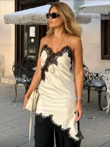 Women's Summer Asymmetrical Beach Dress, Spaghetti Strap Lace Satin Dress, Elegant Formal Sleeveless Patchwork Dress, Womenswear