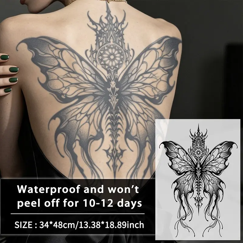 Gothic Mechanical Butterfly Back Temporary Tattoo, Waterproof Long-Lasting 7-15 Days, Semi-Permanent Herbal Tattoo, Unisex Fake Tattoo