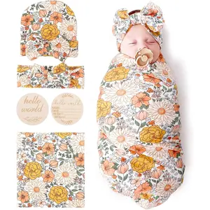 SQ-NG006 Baby Girl Newborn Floral Receiving Blankets with Bow Hat Headband Wooden Birth Announcement Card Set Newborn Baby Swaddling Hats Sleepsack Toddler Warm Shower Gift