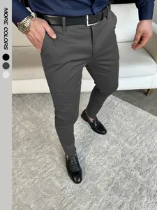 Men's Casual Solid Color Dress Pants, Button Elastic Waist Fall Pants, Business Long Pants for Spring Summer Office Wear Club Wear Going Out Party