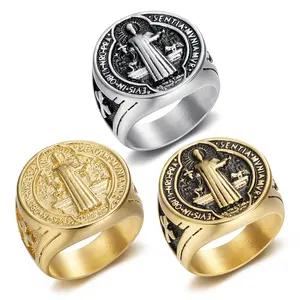 Stainless Steel Punk Retro Style Saint Benedict Saint Mark Pattern Men's Ring Jewelry