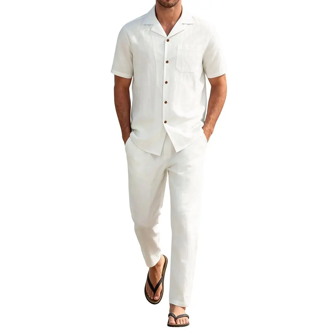 JEMITOP Men's 2-Piece Casual Matching Sets - Short-Sleeve Collared Cuban Guayabera Shirt & Pants, Relaxed-Fit Breathable Cotton Blend Menswear with Pocket & Buttons for Beach Vacation, Tropical Holiday