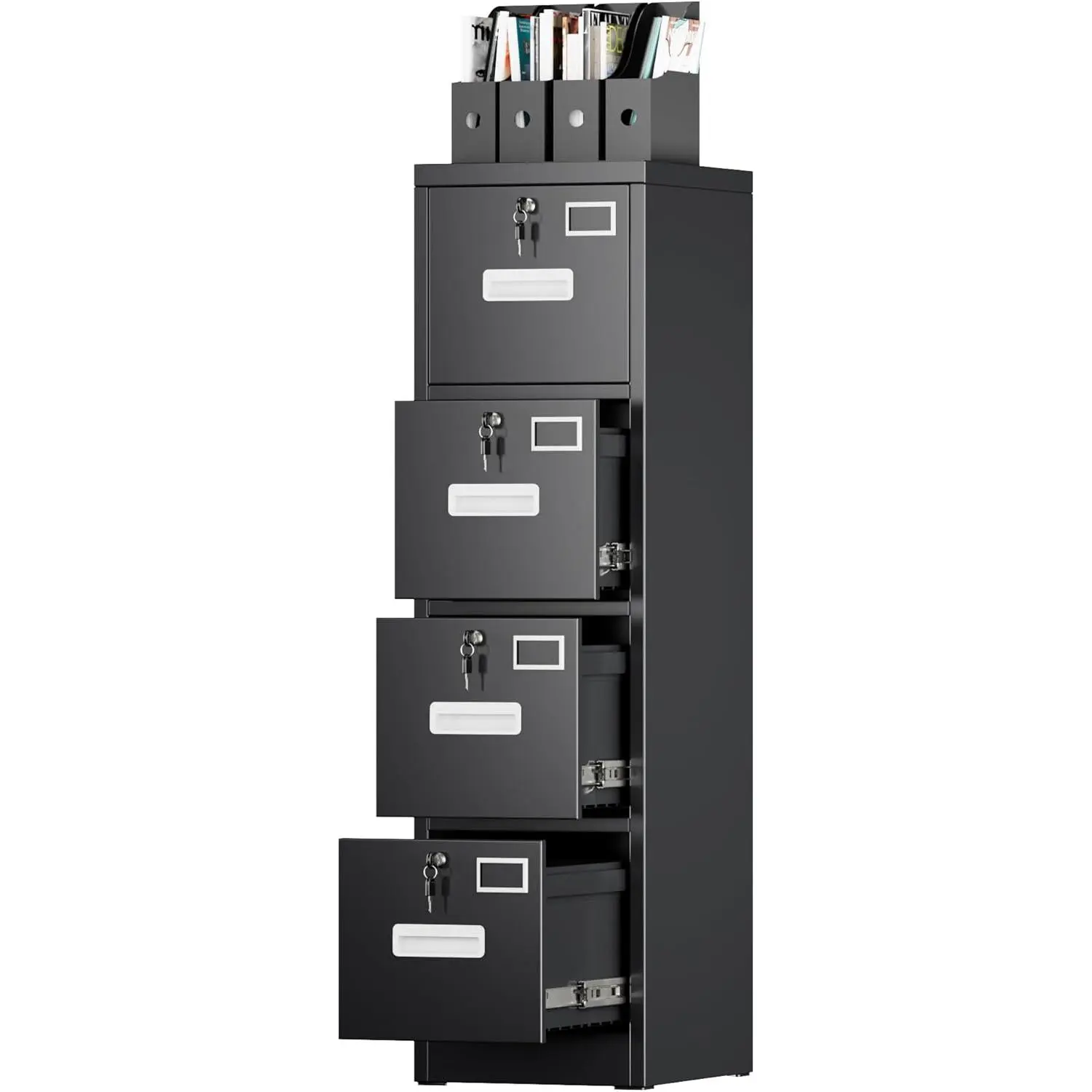 SUXXAN Modern 4-Locked-Drawer Metal Vertical File Cabinet, Black Lockable Office Furniture with Locks, Name Card Holder, Lockable Casters, Label Holders, Heavy Duty for Home Office Documents, Assembly Required, Mother's Day Gift, Locked Draws tiktokshopsp