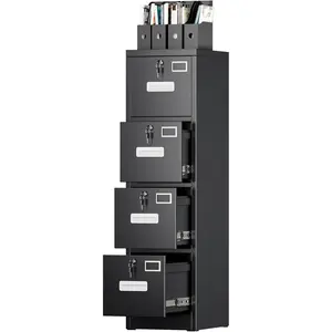 SUXXAN Modern 4-Locked-Drawer Metal Vertical File Cabinet, Black Lockable Office Furniture with Locks, Name Card Holder, Lockable Casters, Label Holders, Heavy Duty for Home Office Documents, Assembly Required, Mother's Day Gift, Locked Draws tiktokshopsp