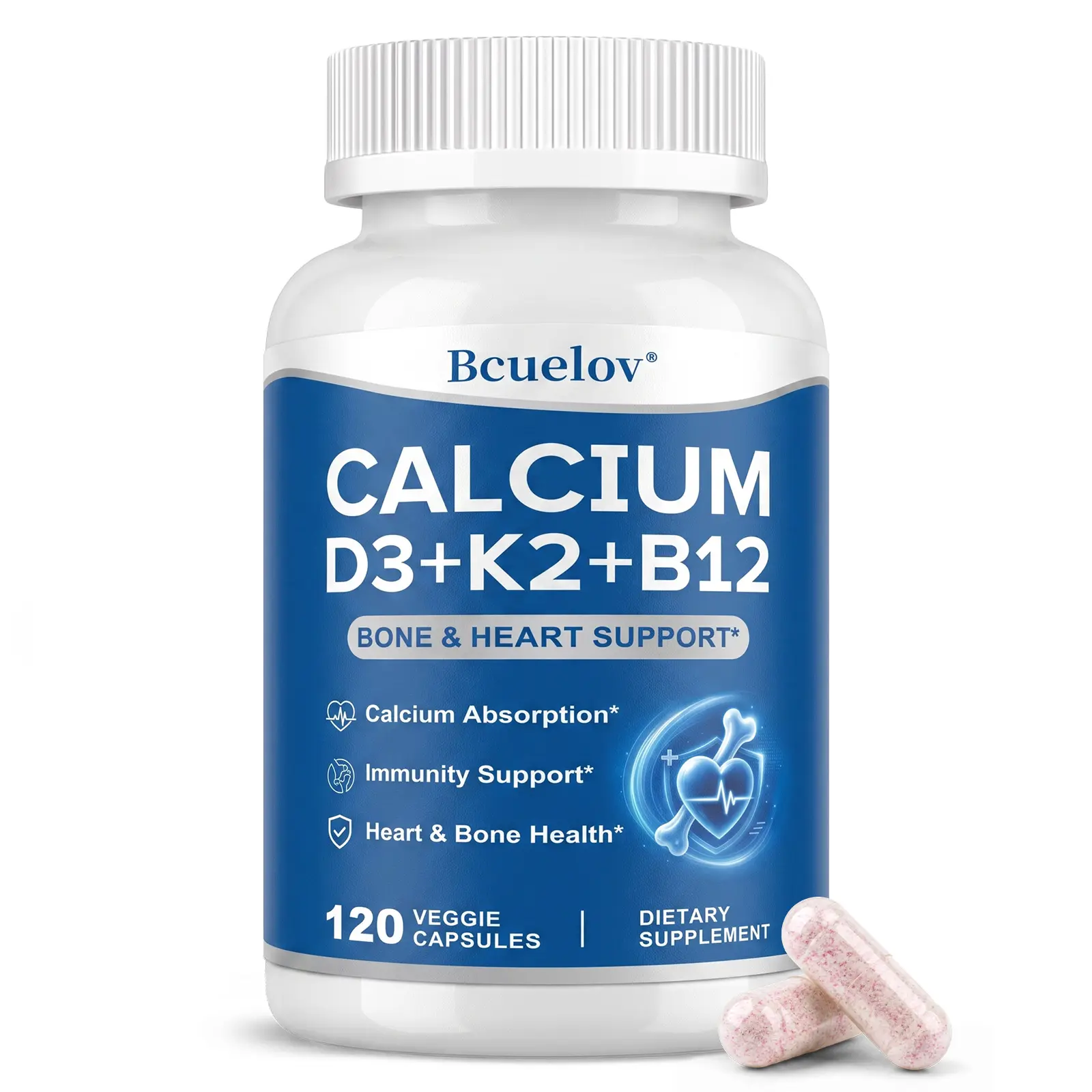 Bcuelov Calcium+Vitamin D3 Health Supplement, Supports Bone Health and Immune Health, 120 Capsules