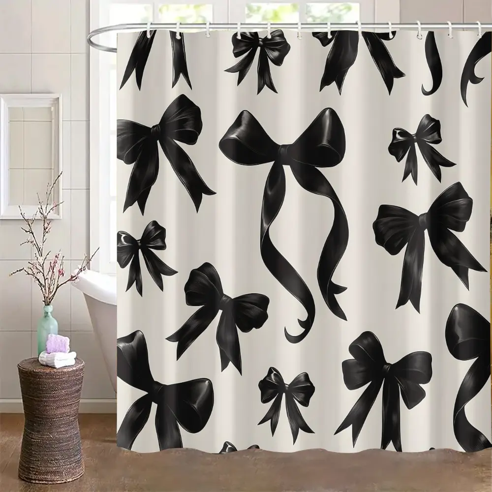 Bow Bath Curtain Decorative Design, Polyester Material, Includes 12 Hooks, Perfect Holiday Gift for Friends & Family, Bathroom Accessory, Shower Curtains Washable