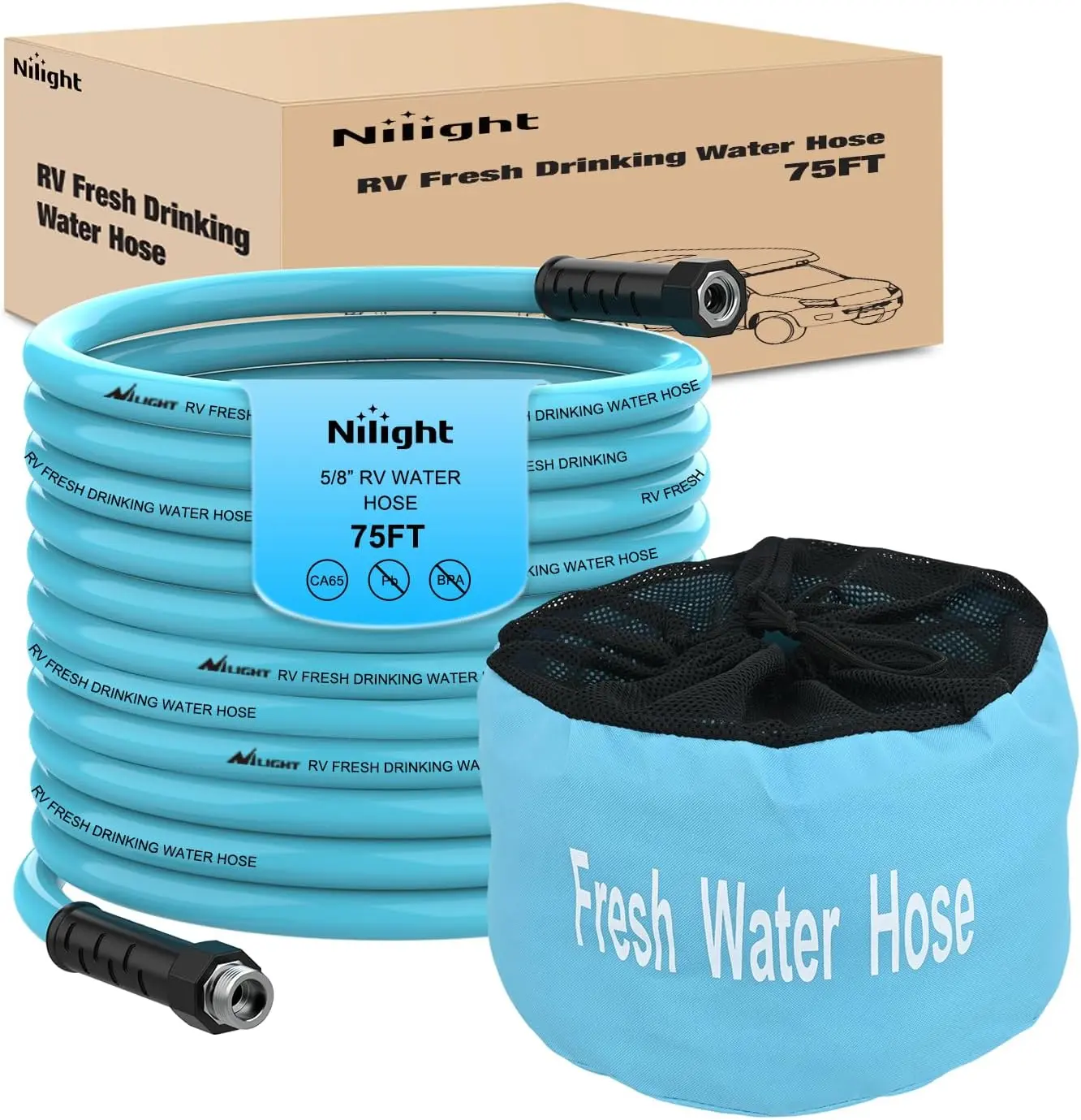 75ft Heavy Duty Kink Free RV Freshwater Hose, 5/8" ID, Food-Safe Aluminum Thread, Leakproof Flexible Lightweight Plumbing Accessory with Storage Bag for RVs, Car Wash, Heavy Duty Hose, Kink Free Hose