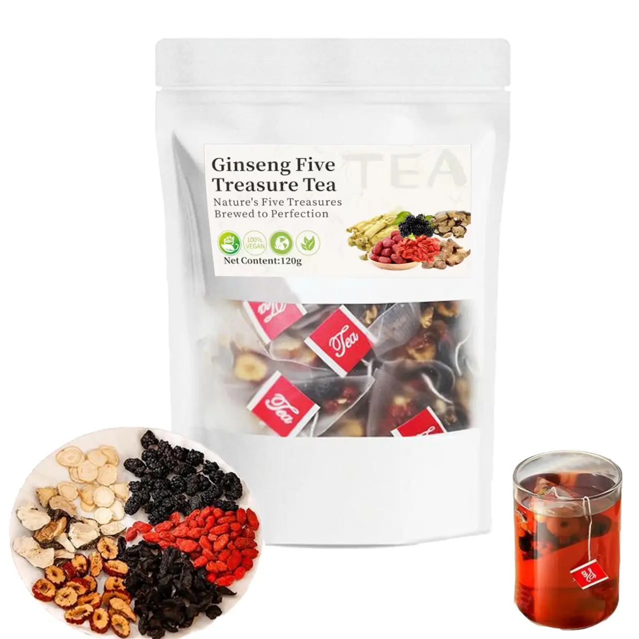 Kidney tea formula Ginseng Five Treasure Tea Combination Scented Tea Six Treasure Tea RedDate Wolfberry Tea Men's Tea Health Teamulberry Herbal Formula Health Tea Women & Men