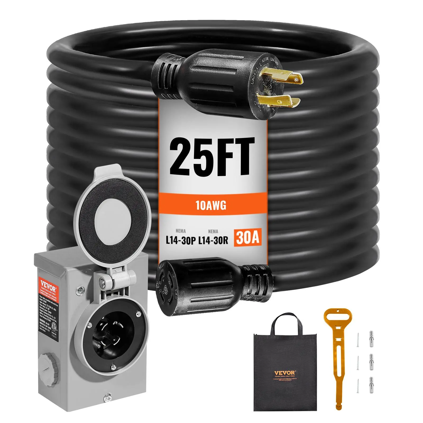 【summerfinds】VEVOR 30 Amp Generator Cord and Power Inlet Box Kit, 25 FT, NEMA L14-30P/L14-30R STW 10 AWG Generator Power Extension Cord with Twist Lock Connector, Pre-Drilled Inlet Box for RV Outdoor, ETL Listed