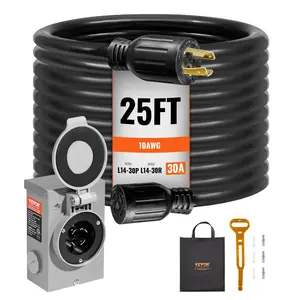 【Summervibes】VEVOR 30 Amp Generator Cord and Power Inlet Box Kit, 25 FT, NEMA L14-30P/L14-30R STW 10 AWG Generator Power Extension Cord with Twist Lock Connector, Pre-Drilled Inlet Box for RV Outdoor, ETL Listed