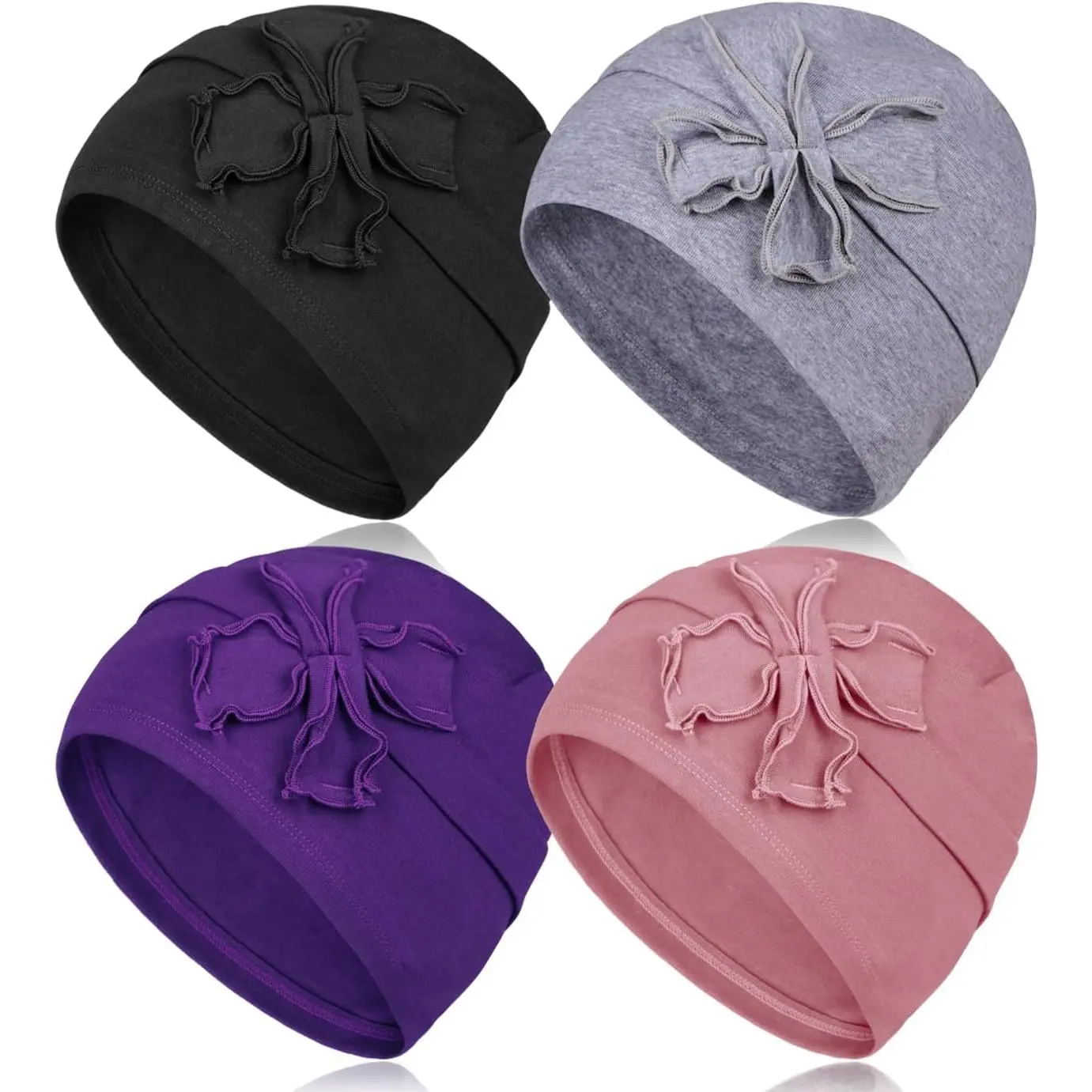 Women's Modal Cotton Breathable Skull Cap Set Pack - 4-Count Floral Accents Chemo Headwear for Cancer Patients With Hair Loss, Elastic Bands, Chemo Cap