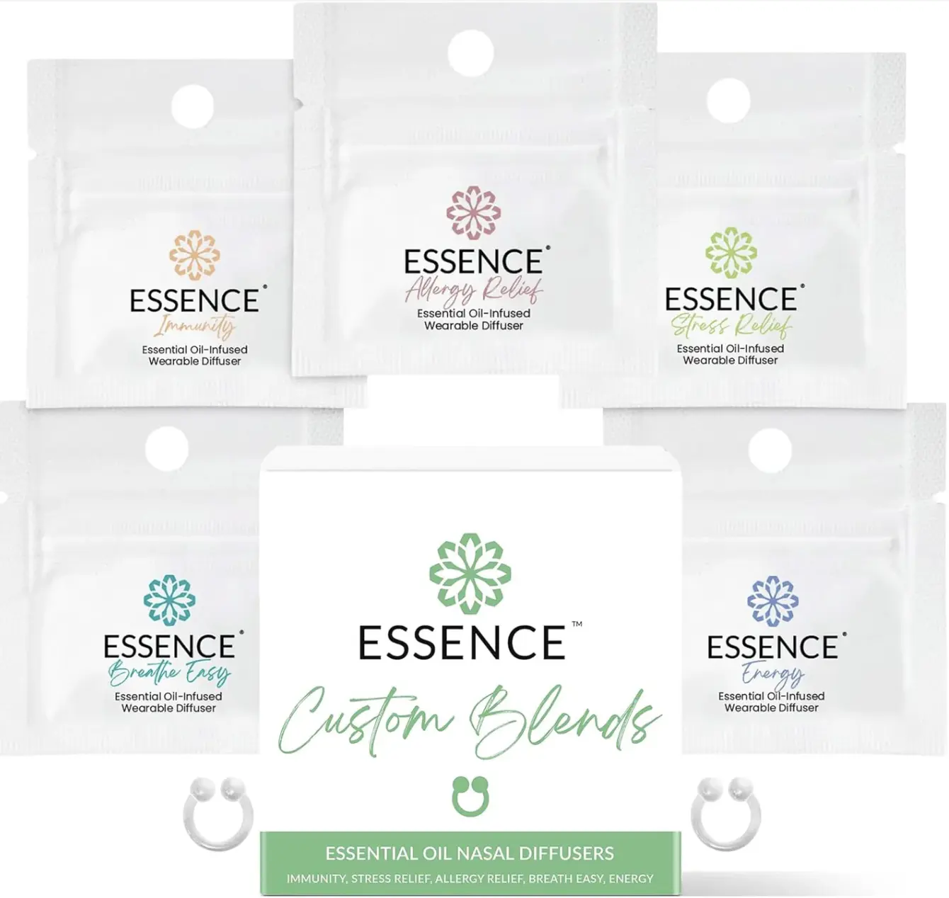 Essence Custom Blends 5 Pack Bundle - Includes Allergy Relief, Immunity Blend, Breathe Easy, Stress Relief, & Energy Blend Nasal Diffuser Rings Fitness Health Wellness