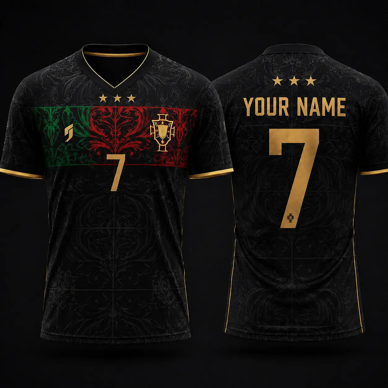 Ronaldo #7 Portugal Personalized Soccer Jersey, Custom Name and Number Football Shirt, Black Gold V-Neck Sports Jersey, Portugal Team Fan Gift
