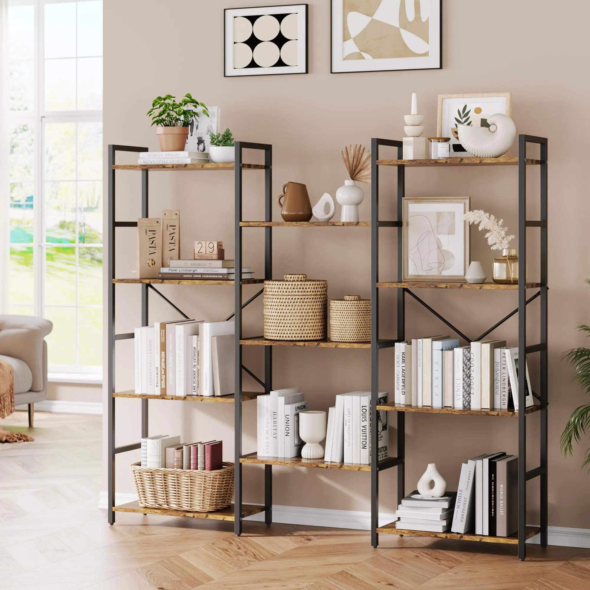 Rustic Brown Single Unit Industrial 4-Tier Metal-Wood Bookcase, Large Open Display Shelves, Particle Board Construction, Anti-Tip Wall Straps, Leveling Ft, Collectibles Storage for Living Room, Home Library, Assembly Required, Books, Stable