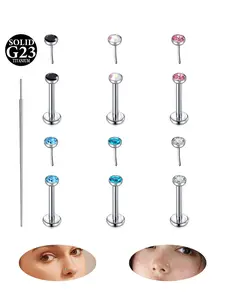 Silver Titanium Cartilage Earring Threadless Flat Back Earrings For Women CZ Threadless Tragus Conch Earring Stud, Push In Straight Bar Nose Stud Labret Cartilage Conch Tragus Piercing Jewelry Medusa Lip Rings 16G 18G 20G 8mm