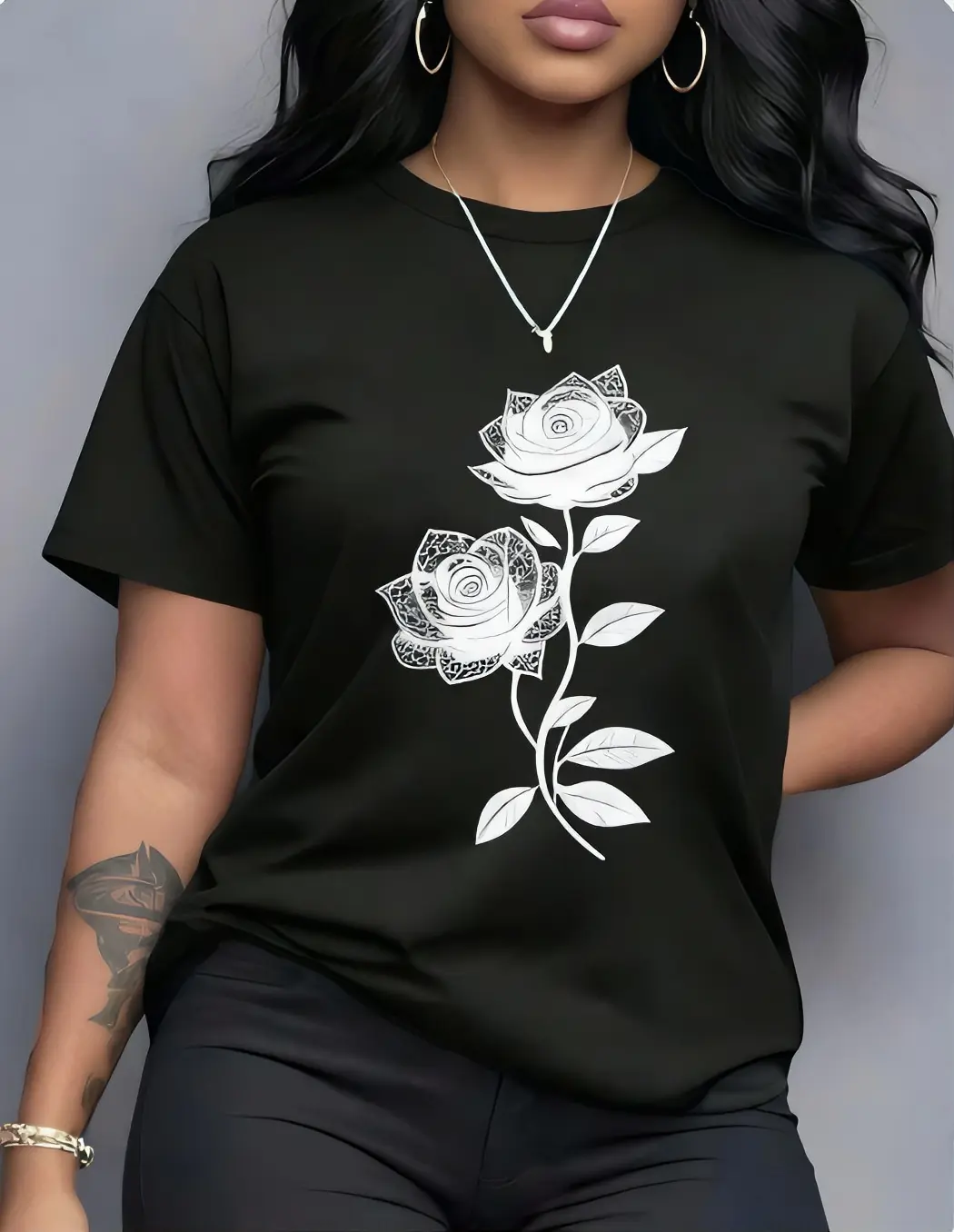Casual Short Sleeve T-Shirt for Women with Elegant White Rose Graphic, Comfortable Fit Everyday Lady Tee, Shortsleeve, Tshirt, Top, Style, Crew Neck