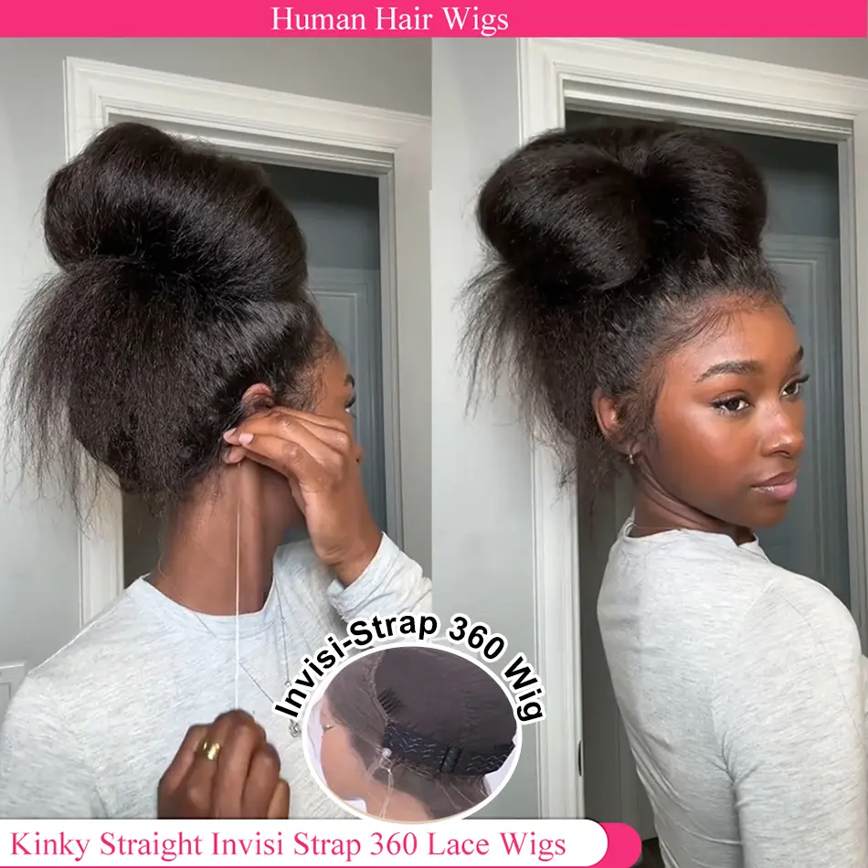 Pre Cut No Glue Glueless Wig Wear to Go Kinky Straight 360 HD Lace Frontal Wig Yaki Straight Human Hair Wigs Kinyky Straight Half Wig Glueless Human Hair Ready to Wear 3 IN 1 Half Wig With Drawstring Seamless Clip Ins Flip Over On Sale Beginner-Friendly.