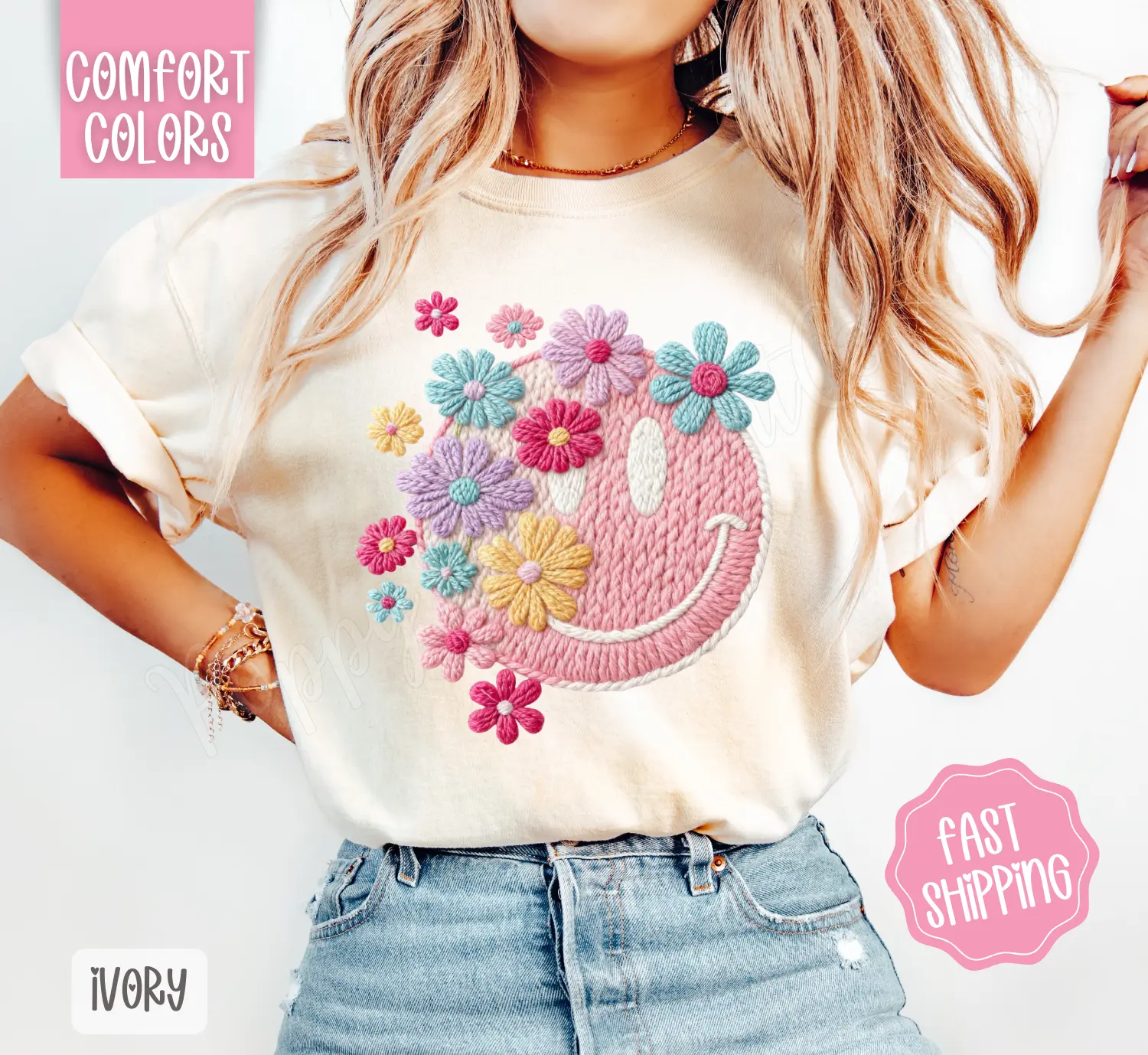 FAUX Knit Floral Smiley Shirt Comfort Colors, Trendy Women's Tshirt