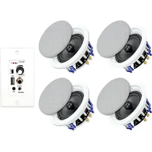 Herdio 5.25-in Wireless Bluetooth Ceiling Speakers (4-Pack) with 2-Way In-Wall 600W Amplifier Receiver, Auxiliary Input, USB/Memory Support, Smartphone Charging, Multiple Connections for Home Theater, Watts