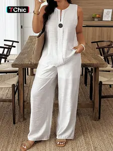 Women's V-Neck Sleeveless Top + Loose Fit Long Pants Set, Basic Casual Comfortable for Daily Wear, Beach Essential Clothing Set, Womenswear