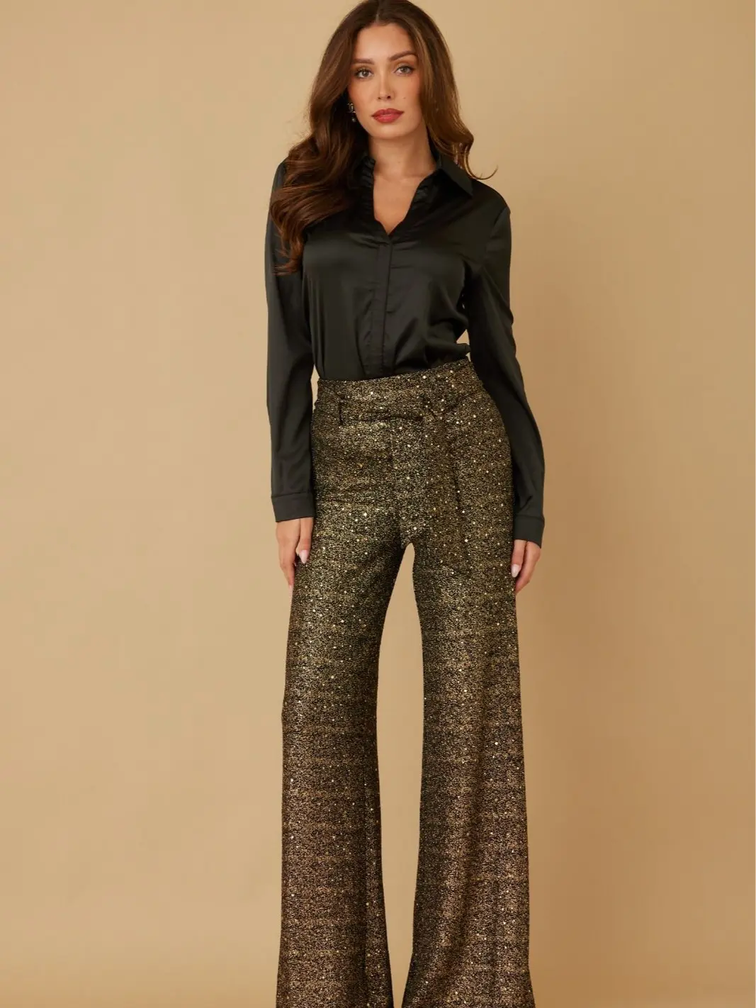 Shiny and Elegant Wide Legged Pants for Women High Waist Metallic Gold Glitter Trousers