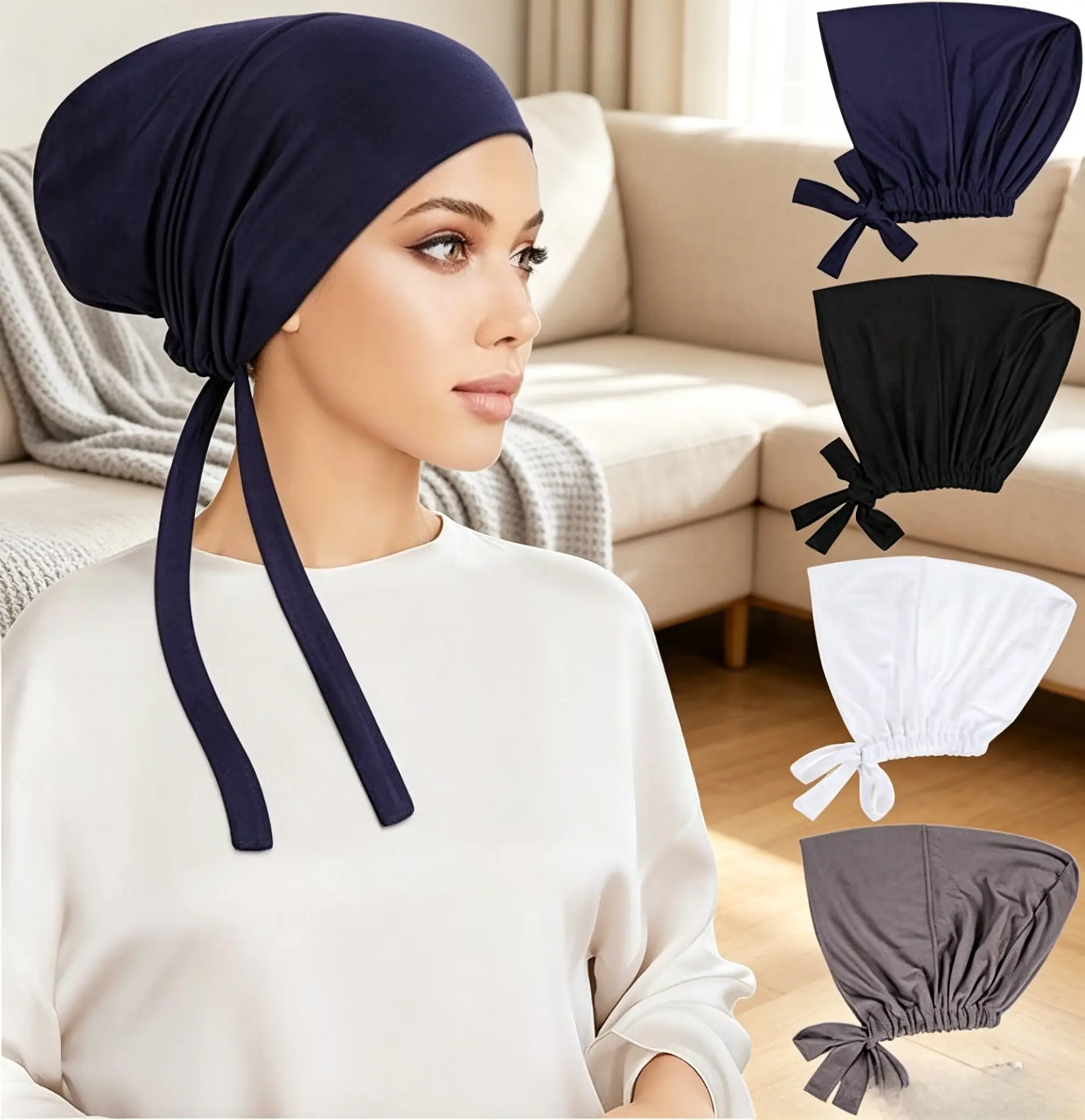 Women's 4-Pcs Buttery Soft Modal Fabric Modesty Hijab Under Scarf Undercap, 4 Colors, 9.4x7.5" Breathable Gentle on Skin Pull-On Tie-Back No-Slip Inner Cap, Daily Wear & Yoga Use, Helmet-Ready Fit (Rotatable Set Compatible)