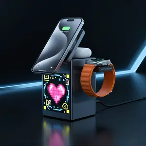 3-in-1 MagSafe Charging Station with Bluetooth Speaker & Pixel Clock - Qi2 Certified Rotating Stand for iPhone 17/16/15 Series/March Madness/Spring Break/World Cup - Includes Apple Watch & AirPods Fast Charging